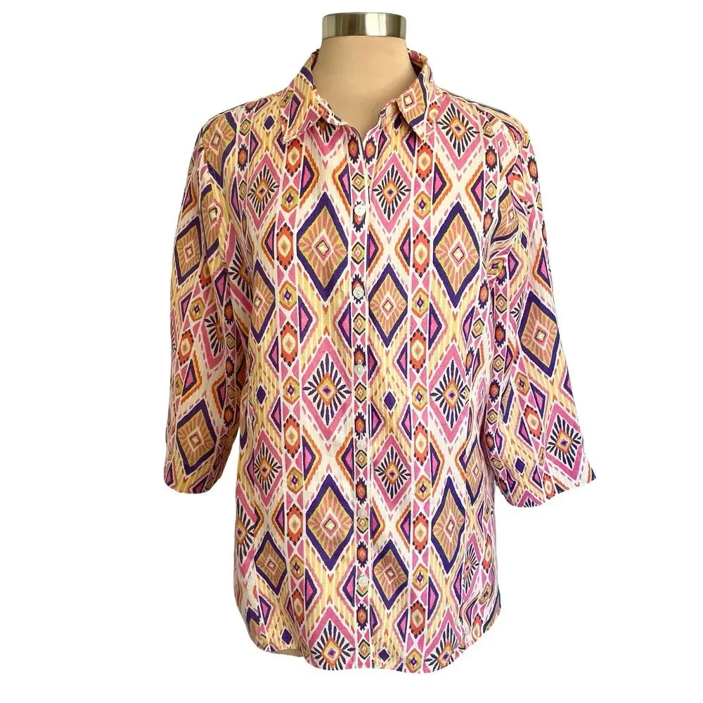 Chico's No Iron 100% Linen Button Down Tunic Sz XL Bright Geometric Print Summer